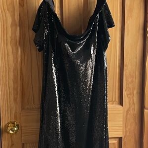 Knee length off the shoulder black sequence dress